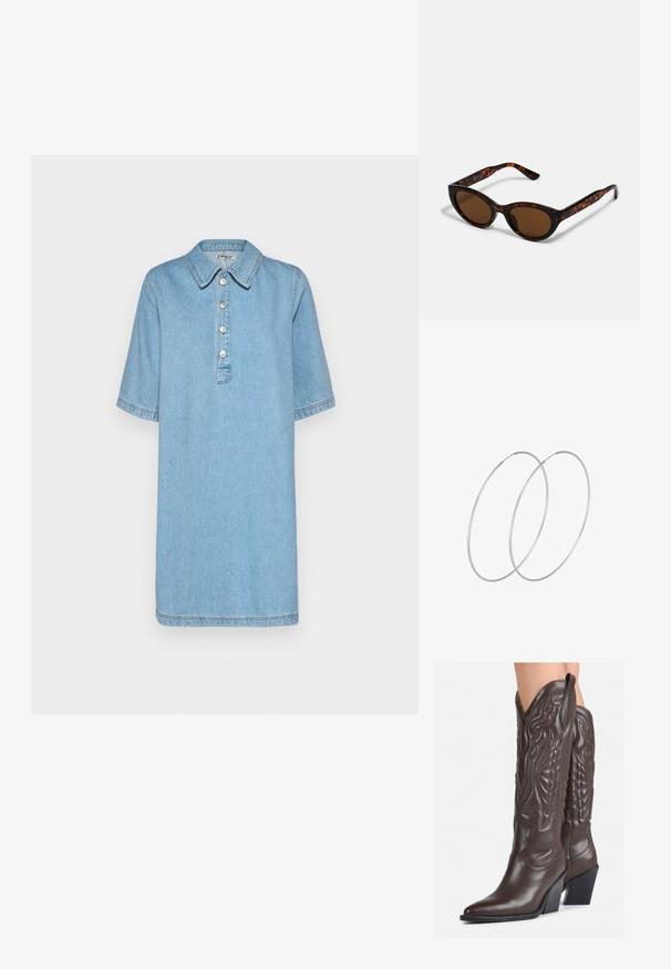 Hele sinine denimpikk kleit krae, lühikeste varrukatega, viie nupuga nööpimisega ja õmblusaksentidega. Omab lõdva, sirge istuvusega disaini.; Pruunid nahast cowboy saapad terava varbaga ja plokk-kandaga, millel on detailne tikand ja kergelt tõstetud aktsendid varrel.; Pruunid kilpkonnamustriga päikeseprillid, mille vintage-kassikujuline kuju ja pruunid läätsed. Omavad kaardus varsi punaste aktsentidega.; Hõbedased rõngastikkaehingad minimalistlikus disainis. Ümar kuju, sile tekstuur ja õhuke profiil. Kerged ning poleeritud viimistlusega.