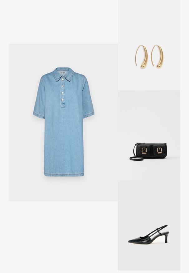 Vestido de ganga azul claro com colarinho, mangas curtas, pala com cinco botões e detalhes de costura. Apresenta um design de ajuste relaxado e reto.; Salto slingback em patente preta com bico apontado, apresentando um padrão de pele de cobra texturizado, tira ajustável e um salto bloco curto e texturizado.; Bolsa de ombro em couro preto com dois bolsos frontais, fivelas douradas, fecho de zíper e uma alça fina. Superfície texturizada e forma retangular compacta.; Brincos em metal dourado com forma de arco alongado e curvado. Apresentam uma superfície lisa e brilhante, com uma ponta arredondada para um detalhe adicional.