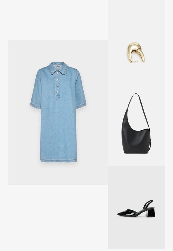 Hele sinine denimpikk kleit krae, lühikeste varrukatega, viie nupuga nööpimisega ja õmblusaksentidega. Omab lõdva, sirge istuvusega disaini.; Mustad musta lakknahk kingad, millel on terav varvas ja geomeetriline plokkkonts. Omab elegantselt minimalistlikku disaini ja sujuvat tekstuuri.; Mustast nahast hobo kott, millel on sile tekstuur, kumer kuju ja üks reguleeritav rihm; peal on lai avaus.; Kuldtooni metallist kõrvarõngas, millel on elegantne ja kaarjas disain. Omab silmapaistvat teravat kuju, poleeritud pinda ja hingesulgemist.