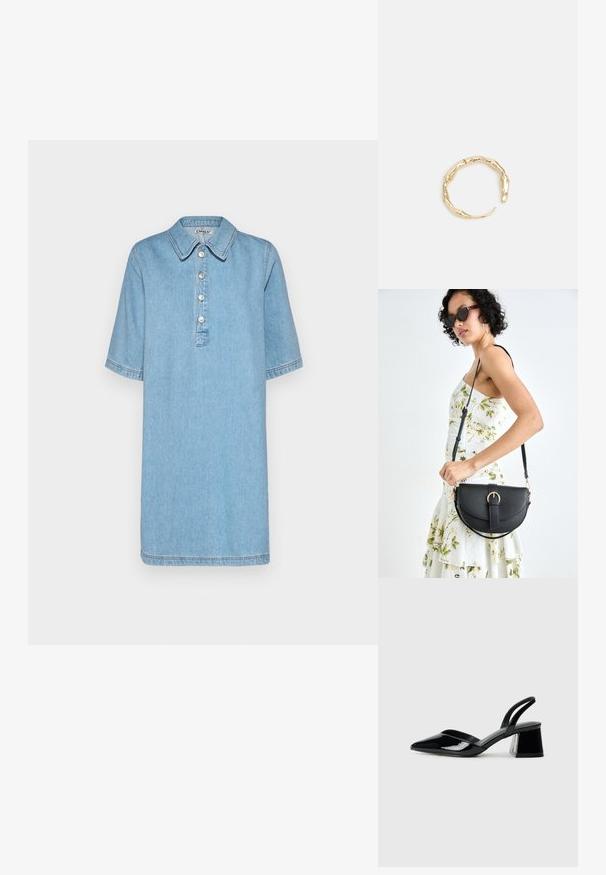 Gaišs zili džinsa kleita ar apkakli, īsām piedurknēm, piecu pogu apdari un izšuvuma akcentiem. Tam ir brīvs, taisns griezums.; Melna lakota āda ar atvērto papēdi, ar smailu purngalu un ģeometrisku blokpapēdi. Iezīmējas elegants, minimāls dizains un gluda tekstūra.; Melnas ādas rokassoma ar izliekta formu, noņemamu siksnu un zelta aksesuāriem. Somai ir vāciņš ar sprādzes detaļu.; Zelta toņa gredzens ar organisku, vērptu dizainu, gludu virsmu un sašaurinātiem galiem, radot mūsdienīgu, skulpturālu izskatu.