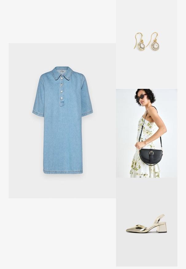 Svijetloplava traper haljina s ovratnikom, kratkim rukavima, placketom s pet dugmadi i detaljima od šivanja. Ima opušteni, ravni kroj.; Zlatni metalik slingback sandali s šiljatim vrhom i debelim potpeticama. Glatka tekstura, minimalistički dizajn i uski remen.; Crna kožna torba s lukovitim oblikom, odvojivim remenom i zlatnim detaljima. Torba ima preklop s kopčom.; Zlatne naušnice s ovalnim prozirnim kristalima okruženim manjim prozirnim kamenčićima, s dizajnom na kuku za sigurno nošenje.