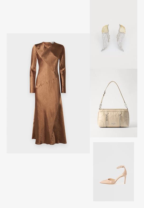 Max Mara Leisure ELOGIO - Apģērbs svinīgiem gadījumiem - cuoio; Nude patentēta ādas kurpe ar noraksta siksnu un stiletto papēdi, ar gludu virsmu un minimālistisku dizainu.; Bežs ādas rokassoma ar sudraba piederumiem, diviem sānu rāvējslēdzējiem, strukturētu dizainu un noņemamu siksnu daudzpusībai.; Divi auskari, kas veidoti spārnu formā, ar sudraba krāsas metālu, caurspīdīgiem, apaļiem akmeņiem un zelta krāsas metāla akcentiem, slāņainā dizainā.