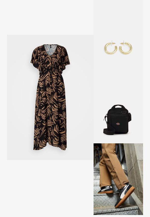 Maksimāla kleita melnā un brūnā krāsā ar abstraktiem lapu rakstiem, īsām plīvurojošām piedurknēm, V veida kaklu un elastīgu jostu. Mīksts audums ar plūstošu formu.; Melnas un pelēkas zamša sporta kurpes ar baltām akcentiem un gumijas zolēm, valkātas uz brūniem biksēm, uzkāpjot metāla kāpnēm.; Melna pleca soma ar rāvējslēdzēja kabatu, taisnstūra forma, izgatavota no auduma, ar logotipa uzšuvi priekšpusē, regulējams plecu siksna.; Zelta auskari ar gludu, spīdīgu apdari. Apaļš dizains, kas ietver mazu tapu un caurspīdīgu pamatni drošai valkāšanai.