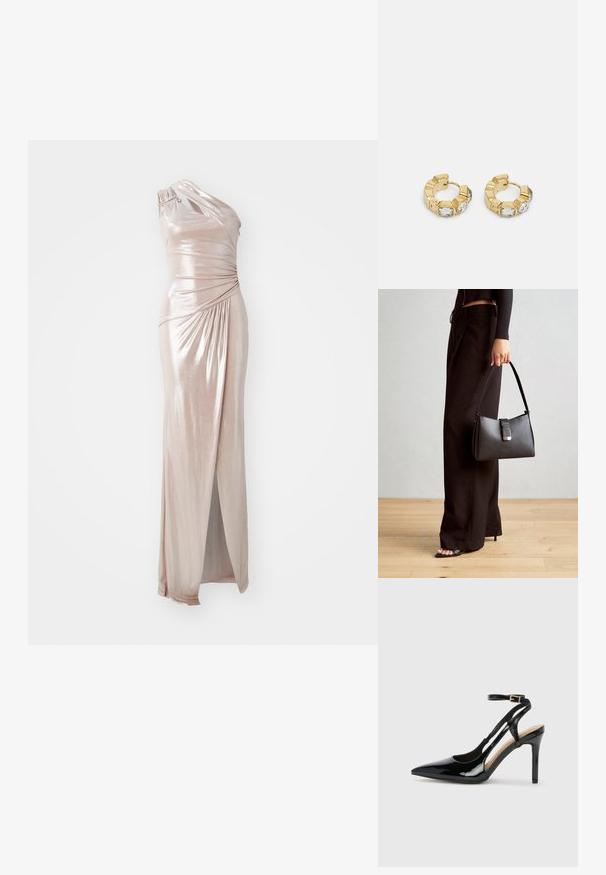 Asimetrisks kleita ar vienu plecu no metāliskas rozā auduma, ar drapējuma detaļām, augstu šķēlumu augšstilbā un elegantu siluetu.; Melna lakota ādas augstpapēžu kurpe ar norādīto purngalu, regulējamu potītes siksniņu un atvērtām pusēm. Gluda tekstūra.; Melnā somiņa ar strukturētu formu, gludu tekstūru un metālu sprādzi. Saskaņota ar platām melnām biksēm un sandālēm ar atvērtu purngalu uz koka grīdas.; Zelta auskari gredzena formā ar teksturētu dizainu, kurā vienā pusē ir trīs caurspīdīgi kristālu akcenti, piedāvājot moderno ģeometrisko estētiku.