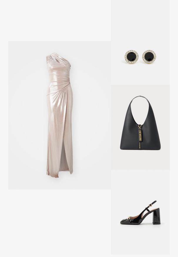 Asymetrická večerná róba s jedným ramienkom z metalického ružového materiálu, so zdobením, vysokým rozparkom a elegantným strihom.; Čierne lakované sľubné podpätky s špicatou špičkou, širokým blokovým podpätkom, dekoratívnym zlatým hardvérom a textúrovaným popruhom.; Čierna kožená kabelka cez plece so širokým popruhom, zlatými kovovými doplnkami a dvoma visiacimi štítkami s embosovaným nápisom "LOVE MOSCHINO" v zlatých písmenách.; DKNY INLAY STUD - Náušnice - black/gold-coloured