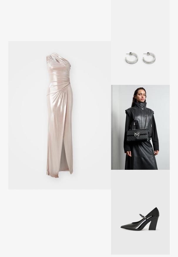 Asimetrisks kleita ar vienu plecu no metāliskas rozā auduma, ar drapējuma detaļām, augstu šķēlumu augšstilbā un elegantu siluetu.; Melna laku ādas augstais papēdis ar smailu purngalu, masīvu papēdi un siksniņu ar metāla aksesuāriem.; Melnas ādas veste ar augstu apkakli, ar rāvējslēdzēja kabatām un melnu, kubelētu rokassomu ar sudraba detaļām, valkāta ar garu melnu svārku.; Sudraba uzacu auskari ar gludu virsmu un sēriju mazu caurspīdīgu akmeņu gar apakšējo malu, ar fiksatoru aizmugurē.