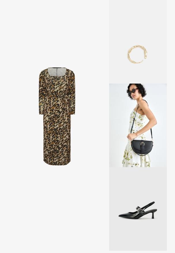 Leopardi-kuosiset mekko pitkilla hihoilla, neliönmuotoisella pääntiellä, solmittavalla vyöllä ja suoralla siluetilla. Valmistettu kevyestä, valuvaasta kankaasta.; Musta patenttinaahkakengät, joissa on osoittava kärki ja pieni lohko korko, varustettuna hopeisella soljella hihnassa.; Musta nahkainen käsilaukku, joka on kaareva muotoilultaan, irrotettavalla hihnalla ja kultaisilla yksityiskohdilla. Laukussa on läppä, jossa on solk yksityiskohta.; Kultaketju, jossa on orgaaninen, kierretty muotoilu, sileä pinta ja cappatut päät, luoden modernin, veistoksellisen ilmeen.