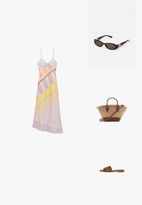 Hihaton, monikuosisesti kuvioitu mekko, jossa on ruudullisia ja raidallisia kuvastoja vaaleissa väreissä. Kevyt kangas, jolla on ilmava siluetti.; Ruskea nahkainen liukusandaali, jossa on ristikkäiset hihnat, tasapohja ja sileä pinta. Yksinkertainen muotoilu ilman koristeita tai kuvioita.; Silmärilakkiset tortoiseshell-aurinkolasit, joissa on pitkänomaiset ovaalit linssit, ruskea sävy, kultaiset logo-koristeet temppeleissä ja sulavalinjaiset mustat varret.; Kudottu olkilaukku ruskeilla nahkaosilla, kahdella kahvalla ja irrotettavalla hihnalla. Koukkumainen muoto, jossa tukeva pohja.