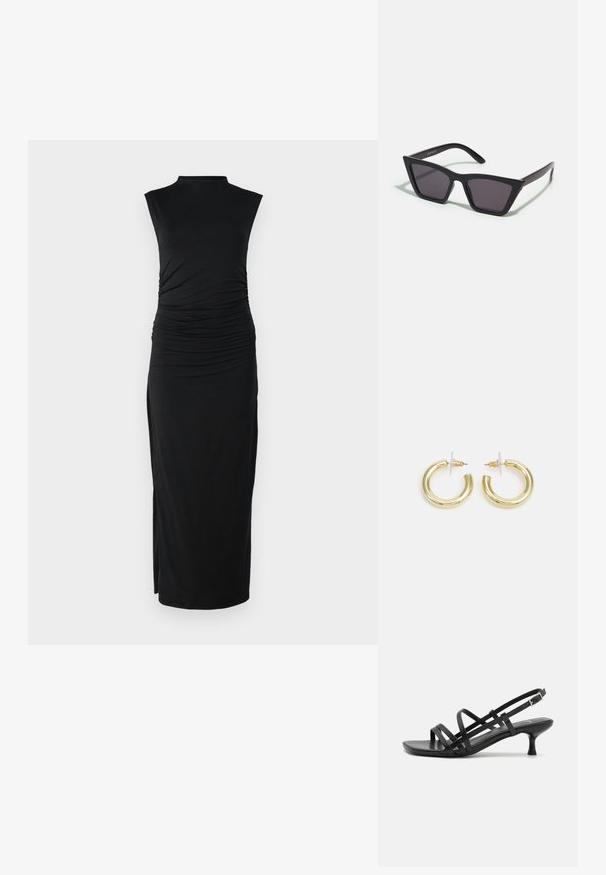 Abercrombie & Fitch PALOMA DRESS - Trikotāžas kleita - black beauty; Melni papēžu sandales ar vairākiem krustveida siksnām. Gluda materiāla, norādīta purngala un šaura papēža. Regulējama potītes siksna ar sprādzīti.; Melni, stūrveida saulesbrilles ar pelēkiem objektīviem; izgatavotas no plastmasas, ar biezām kājām, kam ir gluda virsma un nav redzamu stiprinājumu.; Zelta auskari ar gludu, spīdīgu apdari. Apaļš dizains, kas ietver mazu tapu un caurspīdīgu pamatni drošai valkāšanai.