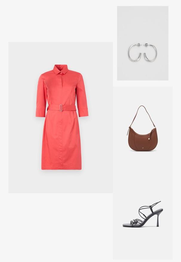Rochie cămașă de culoare corai, cu guler, mâneci până la trei sferturi, talie împodobită cu un cordon și detalii cu nasturi pe față. Textură netedă.; Sandale negre cu toc înalt au curele subțiri cu un design legat, un vârf pătrat neted și un toc stiletto elegant.; Geantă de umăr din piele ecologică maro, cu o formă curbată, cusături minime și un accent din metal auriu. Are un închidere cu fermoar în partea de sus și o curea ajustabilă.; Cercei rotunzi din argint cu un finisaj neted și strălucitor. Design ușor, având o formă rotundă și închidere cu tijă.