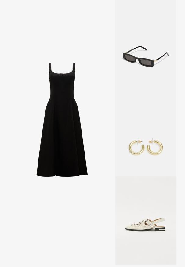 Forever New SOLENE czarny; Sandały typu slingback z białej skóry, z wieloma szerokimi paskami i srebrnymi klamrami; płaska podeszwa z małym czarnym obcasem i metalicznymi akcentami.; Czarnie prostokątne okulary przeciwsłoneczne z ciemnymi soczewkami, błyszczącymi plastikowymi oprawkami i złotymi akcentami na zausznikach. Minimalistyczny design i smukły kształt.; Złote kolczyki w kształcie kółek o gładkim, błyszczącym wykończeniu. Okrągły design z małym klipsem i przezroczystym zapięciem zapewniającym bezpieczne noszenie.
