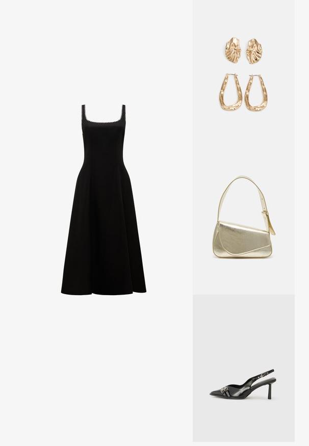 Forever New SOLENE CONTRAST WHIP STITCH MIDI - Koktélruha / Partiruha - black/white; Fekete lakk bőr, hegyes orrú slingback cipő, boka pántokkal, ezüst csatokkal és hardverelemekkel, valamint karcsú sarkú.; Arany fémes kézi táska, strukturált dizájnnal, sima felülettel és állítható pánttal. Egyedi háromszög alakú, minimalistának mondható varrásokkal rendelkezik.; Aranyszínű fülbevalók, texturált, hullámos formákkal. Tartalmazza a szobrászati klipszes studokat és az open hoop kialakítást, kalapácsos felülettel.