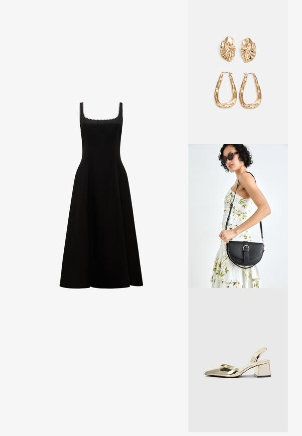 Forever New SOLENE CONTRAST WHIP STITCH MIDI - Rochie cocktail/Rochie petrecere - black/white; Pantofi cu toc slingback metalici aurii, cu vârf ascuțit și toc chunky. Textură netedă, design minimalist și o curea subțire.; Geantă din piele neagră, cu o formă curbată, curea detașabilă și accesorii aurii. Geanta are un capac cu un detaliu tip cataramă.; Cercei aurii cu forme texturate și ondulate. Include studs sculpturale cu clip și un design de cerc deschis cu un finisaj cioplit.