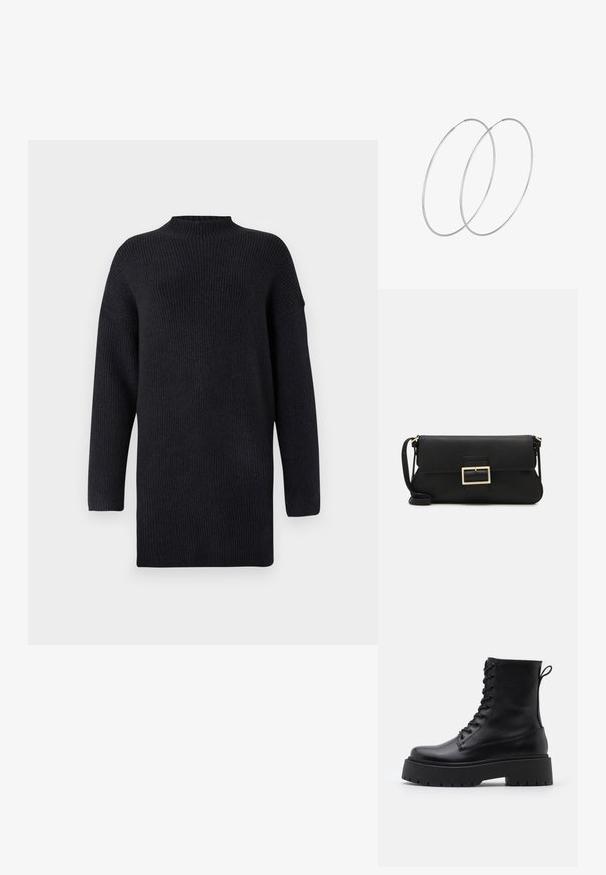 Langärmliger, dunkelblauer Strickpullover mit hohem Kragen, geripptem Muster und heruntergesetzten Schulternähten für eine lässige Passform.; Schwarze Lederstiefeletten mit runder Zehenpartie, Schnürung vorne und einer dicken Gummisohle mit strukturiertem Profil. Mit Zugschlaufe an der Rückseite.; Schwarze Leder-Clutch mit Klappe und goldfarbenem Metallschnallen-Detail. Enthält einen schwarzen Riemen und ein schlankes, minimalistisches Design.; Silberne Creolen mit minimalistischem Design. Rundform, glatte Oberfläche und dünnes Profil. Leichtgewichtig mit hochglänzender Oberfläche.