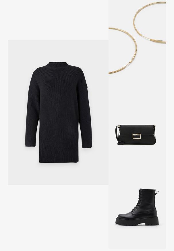 Langärmliger, dunkelblauer Strickpullover mit hohem Kragen, geripptem Muster und heruntergesetzten Schulternähten für eine lässige Passform.; Schwarze Lederstiefeletten mit runder Zehenpartie, Schnürung vorne und einer dicken Gummisohle mit strukturiertem Profil. Mit Zugschlaufe an der Rückseite.; Schwarze Leder-Clutch mit Klappe und goldfarbenem Metallschnallen-Detail. Enthält einen schwarzen Riemen und ein schlankes, minimalistisches Design.; Goldfarbene Ohrringe in Form von dünnen, runden Kreolen, mit einer glatten, metallischen Oberfläche und ohne Verzierungen oder Muster.