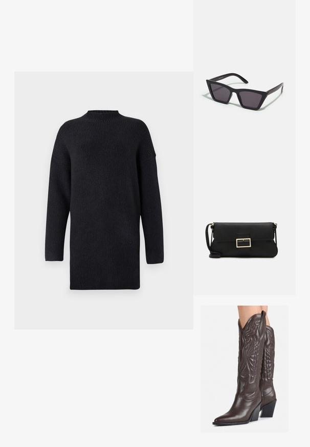 Langärmliger, dunkelblauer Strickpullover mit hohem Kragen, geripptem Muster und heruntergesetzten Schulternähten für eine lässige Passform.; Braune Leder-Cowboy-Stiefel mit spitzem Punkt und Blockabsatz, die über detaillierte Stickereien und hervorgehobene Akzente am Schaft verfügen.; Schwarze, eckige Sonnenbrille mit grauen Gläsern; aus Kunststoff gefertigt, mit dicken Bügeln, die eine glatte Oberfläche und keine sichtbaren Beschläge haben.; Schwarze Leder-Clutch mit Klappe und goldfarbenem Metallschnallen-Detail. Enthält einen schwarzen Riemen und ein schlankes, minimalistisches Design.