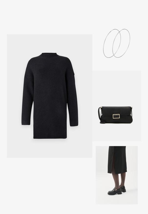 Suéter de punto de manga larga en un oscuro tono navy, con cuello alto, textura de canalé y costuras de hombro caídas para un ajuste relajado.; Zapatos de piel negra con punta redondeada, tacón grueso y bloque, y acentos elásticos en los laterales, combinados con unos pantys oscuros y una falda negra con una abertura.; Bolso de mano de cuero negro con una solapa y un detalle de hebilla de metal dorado. Incluye una correa negra y un diseño elegante y minimalista.; Pendientes de aro plateados con un diseño minimalista. Forma circular, textura suave y perfil delgado. Livianos con un acabado pulido.