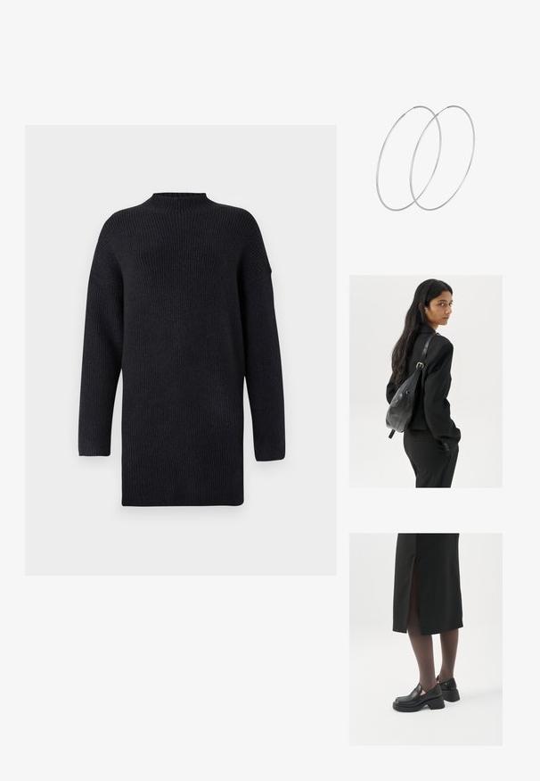 Ilgų rankovių, tamsiai mėlynas megztinis su aukštu kaklu, su gumbeliu tekstūra ir nuleistomis peties siūlėmis, užtikrinantis laisvą siluetą.; Juodos odinės bateliai su apvaliu nosiu, stora blokine pakulne ir elastingais šonais, derinami su tamsiomis pėdkelnėmis ir juoda sijonu su plyšiu.; Moteris su ilgais tamsiais plaukais, vilkinti juodą kostiumą, nešanti juodą odinę rankinę per petį, žvelgia per petį prieš balto fono.; Sidabrinės pusmėnulio auskarai minimalistiniu dizainu. Apskritimo forma, lygus paviršius ir plonas profilis. Lengvi su poliruotu apdailu.