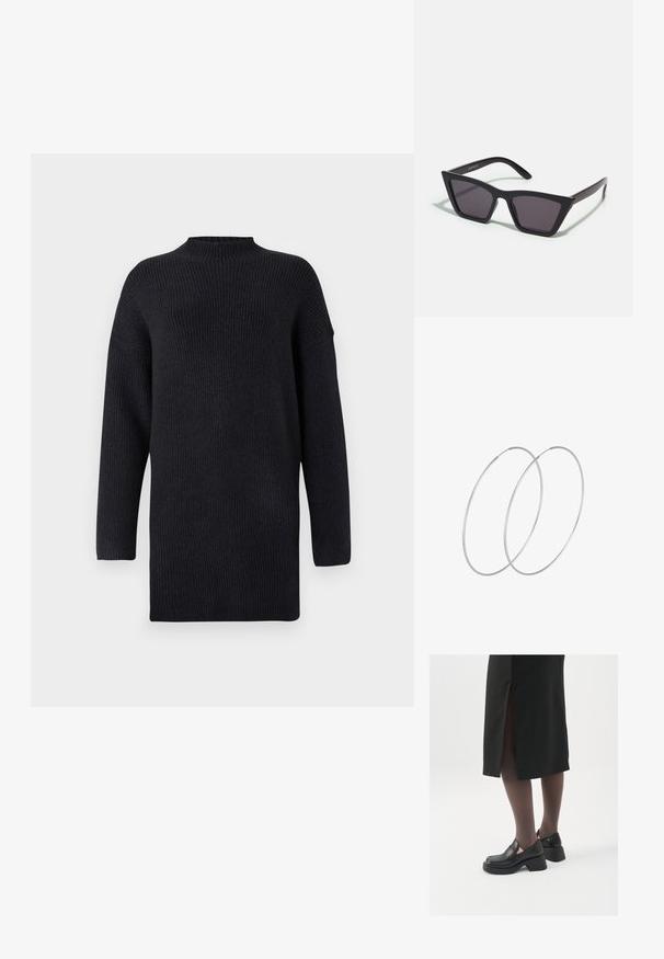 Gariešu džemperis ar garām piedurknēm, tumši zilā krāsā, adīts ar augstu apkakli, ribotu tekstūru un nokareniem plecu šuvēm, nodrošinot brīvu piegriezumu.; Melni ādas apavi ar noapaļotu purngalu, biezām bloku papēžiem un elastīgiem sānu akcentiem, apvienoti ar tumšām zeķubiksēm un melnu svārku ar šķirbu.; Melni, stūrveida saulesbrilles ar pelēkiem objektīviem; izgatavotas no plastmasas, ar biezām kājām, kam ir gluda virsma un nav redzamu stiprinājumu.; Sudraba gredzenveida auskari ar minimālistisku dizainu. Cirkulāra forma, gluda tekstūra un plāns profils. Vieglu svaru ar spīdīgu apdari.