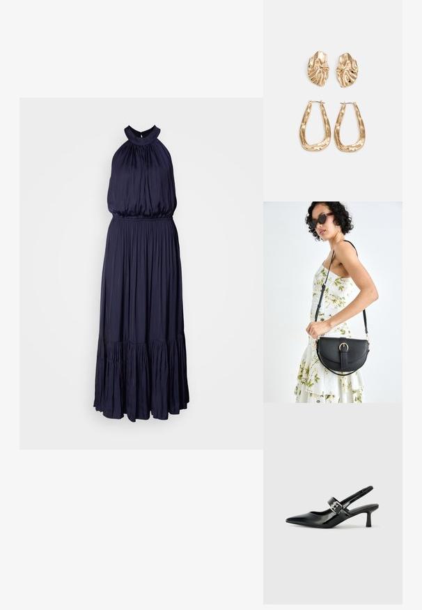 Robe dos nu bleu marine en tissu doux et fluide, avec un corsage froncé, une taille élastique et un ourlet en volants à plusieurs niveaux.; Escarpins slingback en cuir verni noir avec un bout pointu et un petit talon bloc, mettant en avant un accent en boucle argentée sur la sangle.; Sac à main en cuir noir avec une forme courbée, bandoulière amovible et des accessoires en or. Le sac est doté d'un rabat avec un détail de boucle.; Boucles d'oreilles dorées présentant des formes texturées et ondulées. Comprend des clips sculpturaux et un design de créoles ouvertes avec une finition martelée.