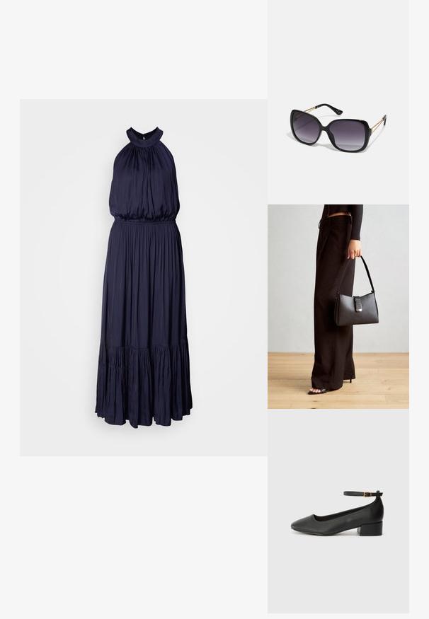 Námornícka modrá halter šaty vyrobené z mäkkého, prúdiaceho materiálu, s nazhromaždeným živôtikom, elastickým pásom a tiered volánovým lemom.; Čierne kožené lodičky s špicatou špičkou a nízkym blokovým podpätkom. Obsahuje remienok okolo členka so zlatým prackou. Hladký povrch.; Čierne oversized slnečné okuliare s gradientovými sklíčkami, hrubými rámami a zlatým retiazkovým detailom na stranách.; Čierna kabelka so štruktúrovaným tvarom, hladkou textúrou a kovovou sponou. V kombinácii so širokými čiernymi nohavicami a sandálmi s otvorenou špičkou na drevenej podlahe.