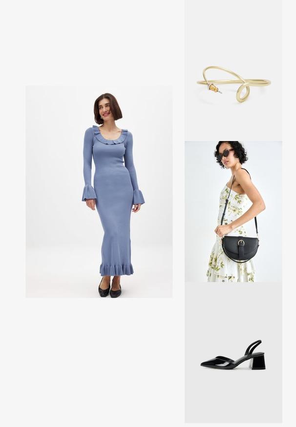 Garšs, piegulošs zils ribots kleita ar viļņotu dekoltē un vaļīgām piedurknēm, ar frillīgu apakšmalu un kombinēta ar melnām kurpēm.; Melna lakota āda ar atvērto papēdi, ar smailu purngalu un ģeometrisku blokpapēdi. Iezīmējas elegants, minimāls dizains un gluda tekstūra.; Melnas ādas rokassoma ar izliekta formu, noņemamu siksnu un zelta aksesuāriem. Somai ir vāciņš ar sprādzes detaļu.; Zelta krāsas metāla aproce ar šķidrām, viļņveidīgām formām. Vienā galā ir neliels, izteikts sudraba krāsas akcents.