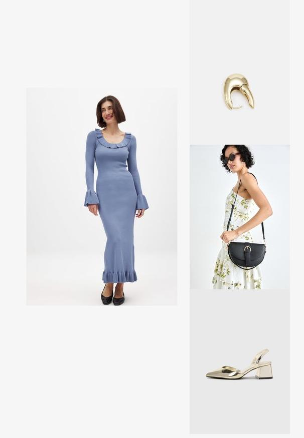 Pikk, keha puudutav sinine ribadress rikka ääre ja kellukesega varrukatega, millel on frillitud äär ja mis on kantud mustade kingadega.; Kuldne, metallilised slingback-kudumid terava varba ja paksu kontsaga. Sile tekstuur, minimalistlik disain ja kitsas rihm.; Mustmust mustraha kõverate joontega, eemaldatava rihmaga ja kuldsete detailidega. Kotil on klapp, millel on pandladetail.; Kuldtooni metallist kõrvarõngas, millel on elegantne ja kaarjas disain. Omab silmapaistvat teravat kuju, poleeritud pinda ja hingesulgemist.