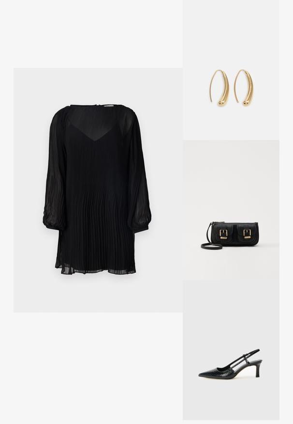 Musta pleatattu mekko, jossa on pyöreä pääntie, pitkät puffihihat ja virtaava siluetti. Valmistettu kevyestä, teksturoidusta kankaasta.; Musta patent slingback-kiilakorko teräväkärkisellä muotoilulla, jossa on teksturoitu käärmeennahkakuosi, säädettävä remmi ja lyhyt, teksturoitu blokkiheel.; Musta nahkainen olkalaukku, jossa on kaksi etutaskua, kultaiset soljet, vetoketjukiinnitys ja kapea hihna. Teksturoidun pinnan ja kompaktin suorakaiteen muoto.; Korvakorut kultasävytteistä metallista, joissa on kaareva, pitkänomainen muoto. Ominaisuuksiin kuuluu sileä, kiiltävä pinta ja pyöreä kärki lisäyksinä.