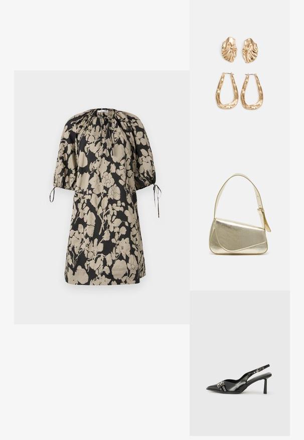 Blumendruckkleid in Schwarz und Beige, aus weichem Stoff gefertigt. Es hat einen gerafften Ausschnitt und kurze Puffärmel mit Bändern.; Schwarzer Lackleder Slingback-Schuh mit spitzem Zehenbereich, Knöchelriemen mit silbernen Schnallen und Beschlägen sowie einem schlanken Absatz.; Goldfarbene metallische Handtasche mit strukturiertem Design, glatter Textur und verstellbarem Tragegurt. Sie verfügt über eine einzigartige dreieckige Form und minimalistische Nähte.; Ohrringe in Goldoptik mit strukturierten, gewellten Formen. Beinhaltet skulpturale Clip-Ohrringe und ein offenes Hoop-Design mit gehämmertem Finish.