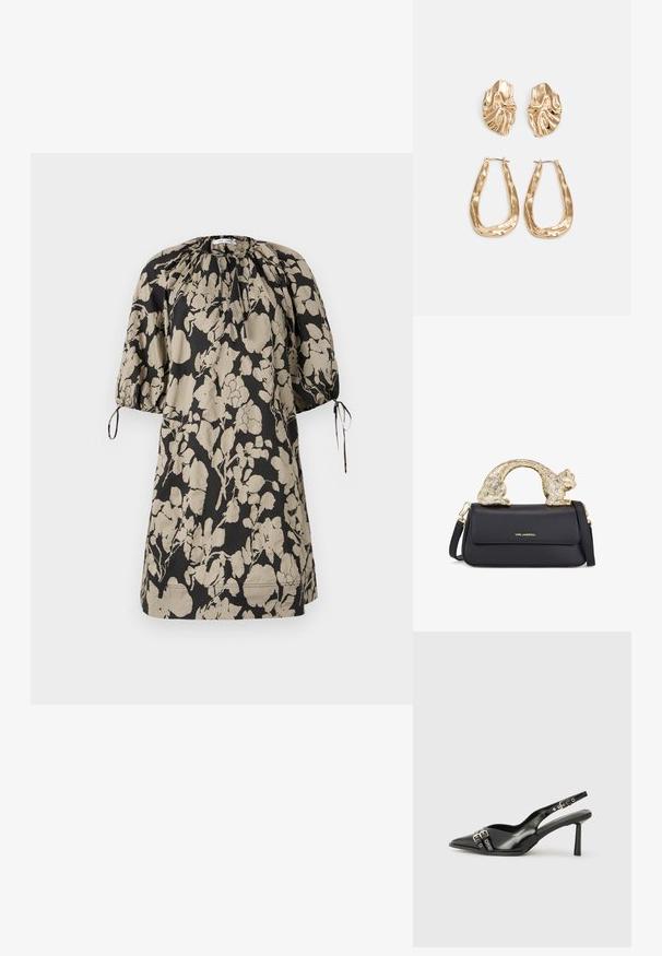 Kvetinové šaty čiernej a béžovej farby, vyrobené z mäkkého materiálu. Majú naťahovanú výstrih a krátke puffové rukávy so stuhami.; Čierne lakované kožené slingback topánky s špicatou špičkou, remienkami okolo členku s striebornými prackami a hardvérom, a štíhlým podpätkom.; Čierna kožená kabelka so zlatým úchytom v tvare mačky, so predným klopovým uzáverom, nastaviteľným popruhom a detailom loga na dolnej prednej časti.; Náušnice v zlatej farbe s textúrovanými, vlnitými tvarmi. Obsahujú sochárske klipsové náušnice a otvorený tvar krúžku s kladivkovým povrchom.