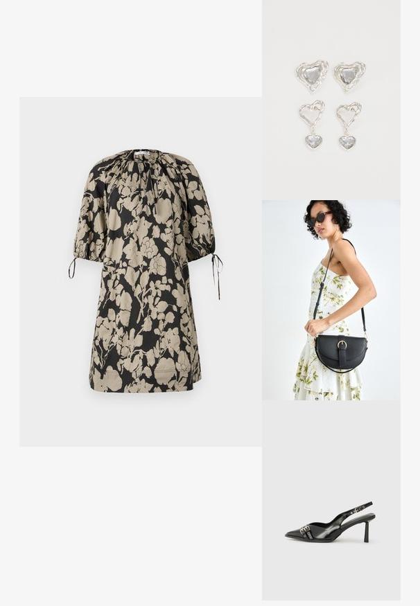 Blomstermønstret kjole i sort og beige, laget av mykt stoff. Har en sammensamlet utringning og korte pufferm med bånd.; Sorte patentlær slingback-sko med spiss tå, ankelremmer med sølvspenner og detaljer, og en slank hæl.; Svart lærveske med en buet form, avtagbar stropp og gullbeslag. Vesken har et klaff med spenne-detall.; Sølv hjerteformede øredobber har fasetterte klare steiner med en teksturert ramme. Sett inkluderer både stud- og hengende stiler.