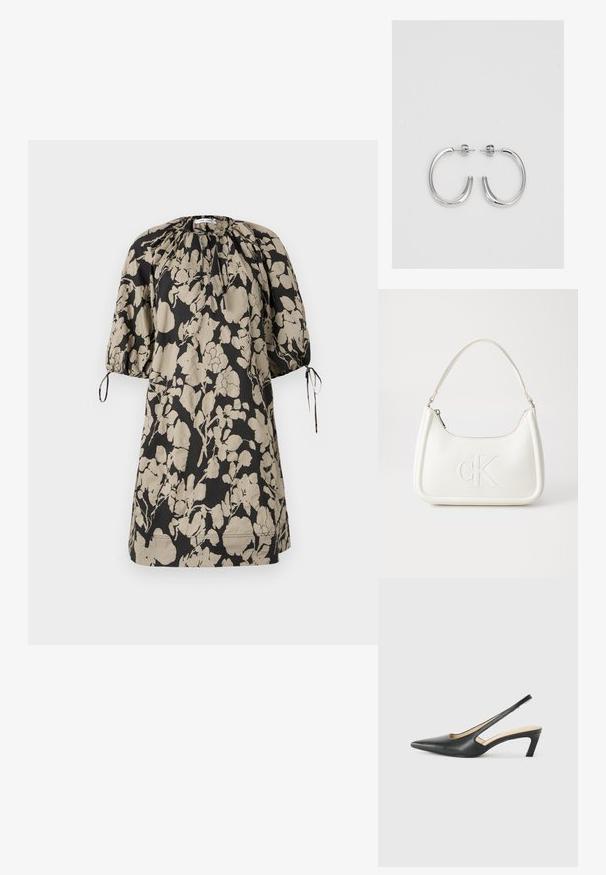 Haljina s cvjetnim uzorkom u crnoj i bež boji, izrađena od mekog materijala. Ima naborani dekolte i kratke puffy rukave s vezanjem.; Crne cipele s izduženim vrhom i remenom oko pete, s niskom petom, izrađene od glatke kože i s izrezbarenom stranom radi prozračnosti.; Bijela kožna torba s zakrivljenim oblikom, koja na prednjoj strani ima utisnut logotip "CK" i jedan remen za nošenje preko ramena. Zatvaranje na munju na vrhu.; Srebro naušnice u obliku prstena s glatkom, sjajnom završnom obradom. Zaobljenog oblika, laganog dizajna, s kopčom na poleđini.