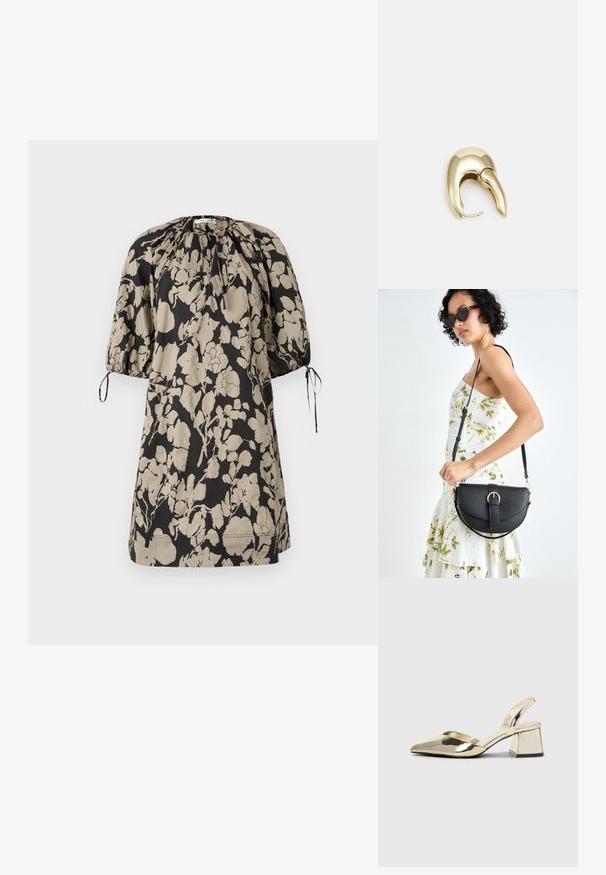 Blomstermønstret kjole i sort og beige, laget av mykt stoff. Har en sammensamlet utringning og korte pufferm med bånd.; Gull, metallisk slingback-hæler med spiss tå og chunky hæl. Glatt tekstur, minimalistisk design og en smal stropp.; Svart lærveske med en buet form, avtagbar stropp og gullbeslag. Vesken har et klaff med spenne-detall.; Gullfarget metalløredobber med et elegant, buet design. Har en karakteristisk spiss form, polert overflate og hengsel-lukking.