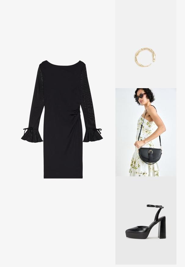 Must mustriga pikkade läikivate varrukatega, ümmarguse kaelusega ja laienevate mansettidega. Kehaosa on figuuri rõhutav, külgedel on volditud detailid.; Mustad platvormi kontsad terava ninaga ja reguleeritava pahkluuraamiga. Valmistatud siledast nahast, funktsioneerib massiivse plokknäheeliga.; Mustmust mustraha kõverate joontega, eemaldatava rihmaga ja kuldsete detailidega. Kotil on klapp, millel on pandladetail.; Kuldtoonis sõrmus, millel on orgaaniline, keerdunud disain sileda tekstuuri ja kitsenevate otstega, luues kaasaegse skulptuurilise välimuse.