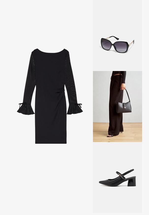 Czarna sukienka z długimi przejrzystymi rękawami, okrągłym dekoltem i rozkloszowanymi mankietami. Fason dopasowany do sylwetki, z marszczeniami po bokach.; Czarne lakierowane czółenka na słupku ze spiczastym noskiem, lekko zaokrąglonym wycięciem i obcasem w kształcie bloku. Posiadają złotą klamrę jako akcent dekoracyjny.; Czarne oversize okulary przeciwsłoneczne z gradientowymi soczewkami, grubymi oprawkami i złotym łańcuszkiem na ramionach.; Czarna torebka o usztywnionym kształcie, gładkiej fakturze i metalowym zapięciem. Połączona z szerokimi czarnymi spodniami i sandałami na otwartym palcu na drewnianej podłodze.