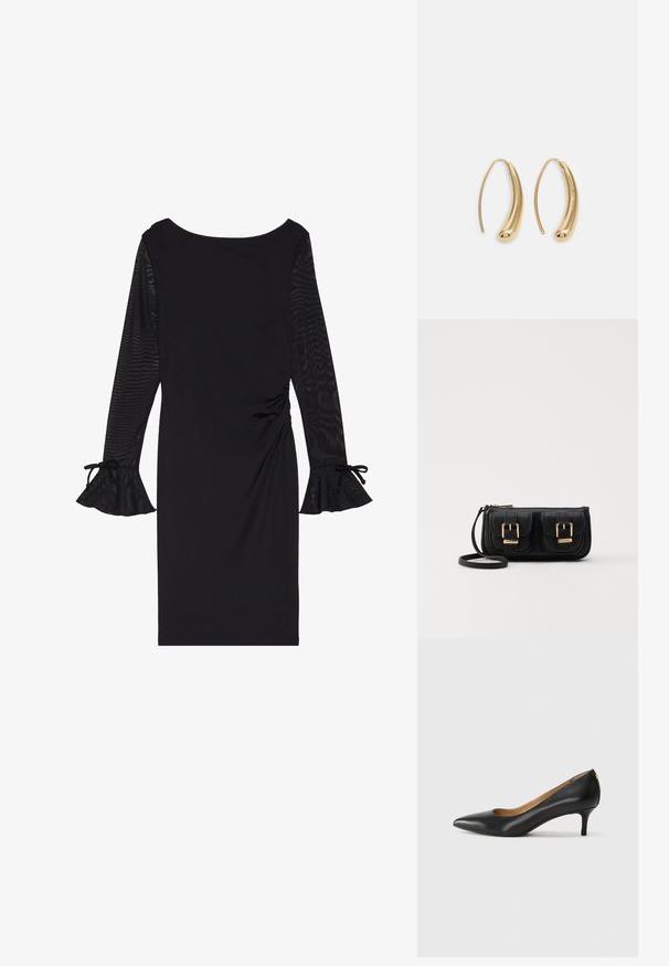 Svart kjole med lange gjennomsiktige ermer, rund halslinje og utvidede mansjetter. Kroppen sitter tett inntil med samling på siden.; Sorte lærpumpe med spiss tå, lav hæl og en glatt tekstur. Har en liten åpning foran og minimalt med beslag bak.; Svart skinn crossbody veske med to frontlommer, gyldne spenner, glidelåslukking og en slank stropp. Teksturert overflate og kompakt rektangulær form.; Gullfargede metalløredobber med en buet, forlenget form. Har en jevn, blank overflate og en avrundet tupp for ekstra detaljer.