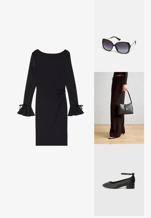 Schwarzes Kleid mit langen durchsichtigen Ärmeln, rundem Halsausschnitt und ausgestellten Manschetten. Der Körper ist figurbetont mit gerafften Details an der Seite.; Schwarze Lederpumps mit spitzem Zehenbereich und niedrigem Blockabsatz. Mit einem Knöchelriemen und einer goldfarbenen Schnalle. Glatte Textur.; Schwarze übergroße Sonnenbrille mit getönten Gläsern, dicken Rahmen und goldfarbener Kettendetaillierung an den Bügeln.; Schwarze Handtasche mit strukturierter Form, glatter Textur und einem metallischen Verschluss. Kombiniert mit weiten schwarzen Hosen und offenen Sandalen auf einem Holzboden.