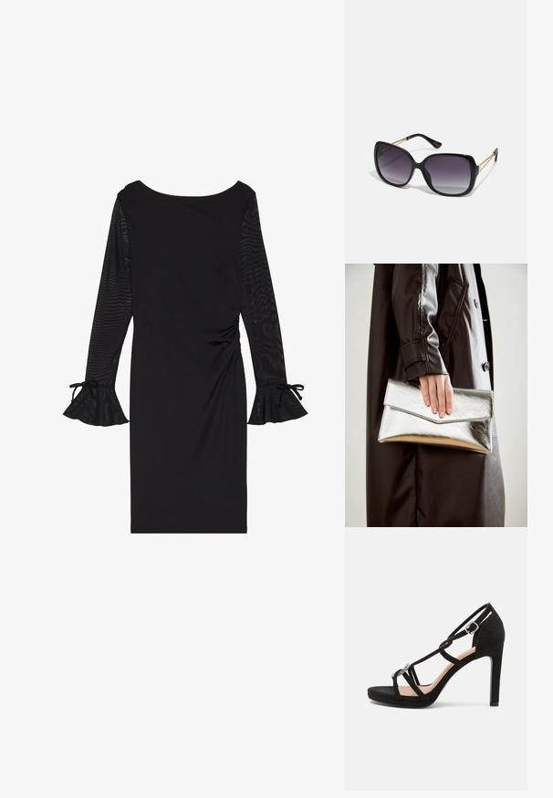 Černé šaty s dlouhými průhlednými rukávy, kulatým výstřihem a rozšířenými manžetami. Tělo je přiléhavé s nařasenými detaily po stranách.; Černé semišové sandály na vysokém podpatku s křížovými pásky, dekorativním stříbrným akcentem a platformou pro větší výšku.; Černé oversized sluneční brýle se gradientními skly, silnými rámy a zlatými řetízkovými detaily na nožičkách.; Stříbrná metalická kabelka ve tvaru klínového obálkového designu, hladké textury a s kontrastní barvou uvnitř, držena v ruce s černým kabátem.