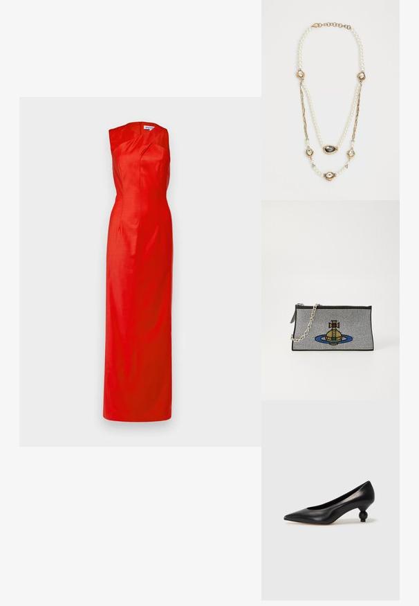 Červené šaty bez rukávov s priliehavým telom a voľnou sukňou, vyrobené z hladkej látky. Zapínanie na bočnom zipse a elegantný drapovaný výstrih.; Čierna kožená vysoká topánka na podpätku s ostrým špičkou a okrúhlym, guľatým podpätkom. Hladký povrch s moderným, minimalistickým dizajnom.; Čierna kabelka na zovretie so strieborným reťazovým popruhom, s farebným korálkovým dizajnom žltého ponorka obklopeného modrým kruhom.; Perlový náhrdelník s zlatými akcentmi, ktorý má tri osadenia posiate drahokamami a vrkočovú časť reťaze. Farebná paleta obsahuje bielu a zlatú.