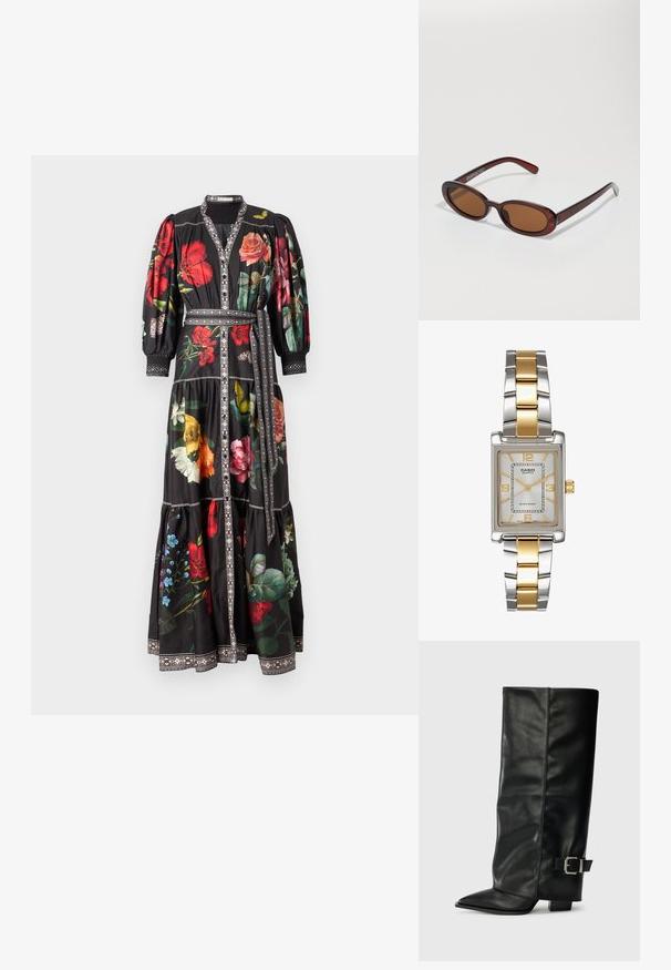 Rochie maxi florală din material negru cu mâneci bufante, talie cu bretele și ornamentație decorative. Prezintă modele colorate cu flori pe toată suprafața.; Botine din piele neagră, până la gleznă, cu vârf ascuțit, textură netedă și un accent cu cataramă argintie pe lateral. Toc pătrat masiv.; Ochelari de soare rotunzi, cu nuanțe de brown și cu un cadru lucios de burgund. Brațe subțiri cu detalii subtile de branding. Design cu lentile plate.; Ceas Casio cu quartz, cu un cadran dreptunghiular de culoare argintie, accente aurii și un brățară metalică bicoloră din argint și aur. Caracteristică de rezistență la apă.