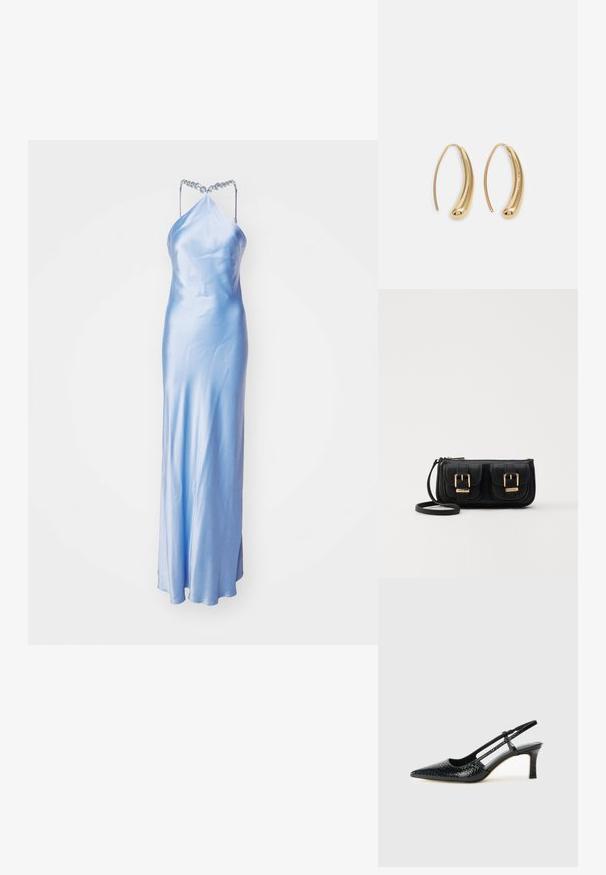 STAUD CADENCE DRESS - Robe de cocktail - azure; Escarpin slingback en vernis noir avec un bout pointu, présentant un imprimé serpent texturé, une sangle réglable et un petit talon bloc texturé.; Sac en cuir noir porté en travers avec deux poches avant, boucles dorées, fermeture zippée et une sangle fine. Surface texturée et forme rectangulaire compacte.; Boucles d'oreilles en métal doré en forme d'anneau, avec une forme courbée et allongée. Elles présentent une surface lisse et brillante avec une pointe arrondie pour un détail supplémentaire.