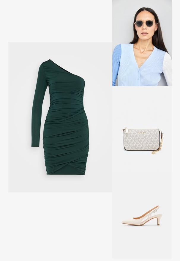 Egy vállra való, sötétzöld ruha, puha, ráncolt anyagból, hosszú ujjú és testhez simuló sziluettel, csavart részletekkel a csípőnél.; Fehér slingback sarok, hegyes orral, sima felső anyaggal, alacsony blokk sarkával és oldalsó kivágott dizájnnal, állítható csatpánttal.; Kerek napszemüveg sötét lencsékkel és arany kerettel. A modellen világoskék, bordázott kardigán van gombokkal és kontrasztos fehér ujjaival.; Michael Kors bézs bevonatos vászon karkötő, amely ismétlődő MK logó mintával, aranyszínű fémrészletekkel és levehető lánchordóval rendelkezik.