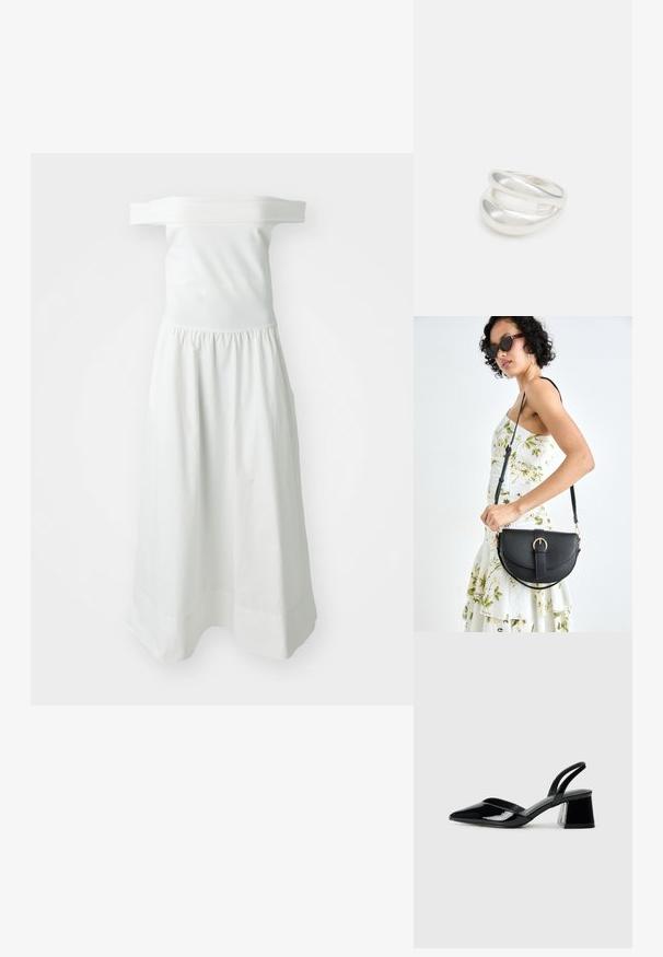 Valge õlapaeltega kleit, millel on liibuv korpus ja elastne vöökoht, esitades voolava, kogutud seeliku ja sujuva tekstuuri.; Mustad musta lakknahk kingad, millel on terav varvas ja geomeetriline plokkkonts. Omab elegantselt minimalistlikku disaini ja sujuvat tekstuuri.; Mustmust mustraha kõverate joontega, eemaldatava rihmaga ja kuldsete detailidega. Kotil on klapp, millel on pandladetail.; Hõbedane kahekordne rõngas sujuva, poleeritud pinnaga. Omab voolavat, kõverat disaini, millel on kattuvad sektsioonid, et saavutada kaasaegne ilme.