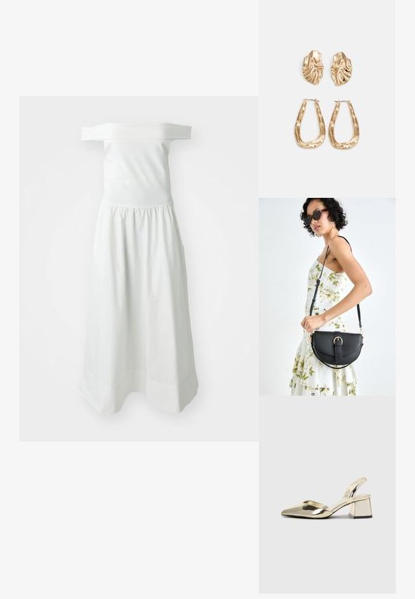 White off-the-shoulder dress with a fitted bodice and elastic waist, featuring a flowing, gathered skirt and a smooth texture.; Gold, metallic slingback heels with a pointed toe and chunky heel. Smooth texture, minimalistic design, and a narrow strap.; Black leather handbag with a curved shape, detachable strap, and gold hardware. The bag features a flap with a buckle detail.; Gold-tone earrings featuring textured, wavy shapes. Includes sculptural clip-on studs and open hoop design with a hammered finish.