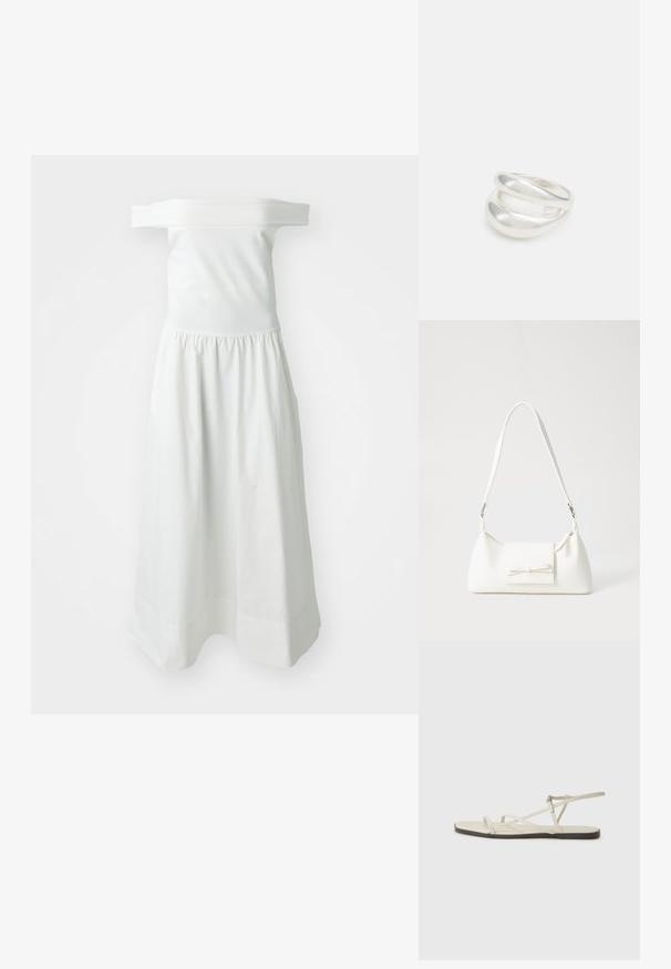 Balta of-the-shoulder kleita ar pieguļošu augšu un elastīgu jostu, ar plūstošu, savāktu svārku un gludu tekstūru.; Bežīgas plakanas čības ar vairākiem plāniem siksniņām un regulējamu sprādzi. Zole ir plakana ar nelielu tumšu kontrastu malā.; Balta sintētiska soma ar trīsstūrveida formu, plakanu priekšējo vāciņu un loku detaļu, regulējamu siksnu, gludu tekstūru un minimālistisku dizainu.; Sudraba divu joslu gredzens ar gludu, pulētu virsmu. Iezīmējas ar plūstošu, izliekta dizaina struktūru ar pārklājošām sekcijām modernam izskatam.