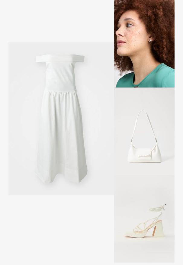 Robe blanche à épaules dénudées avec un corsage ajusté et une taille élastique, présentant une jupe fluide et froncée ainsi qu'une texture douce.; Sandale blanche à talons hauts avec un talon épais, présentant un design à lanières et un lien autour de la cheville. Texture lisse avec une plateforme à l'avant pour une hauteur supplémentaire.; Sac à main synthétique blanc en forme triangulaire, avec un rabat avant plat et un détail en nœud, une bandoulière ajustable, une texture lisse et un design minimaliste.; Boucle d'oreille en argent avec un design circulaire et un bord texturé, portée par une personne aux cheveux auburn bouclés, vêtue d'un haut vert.