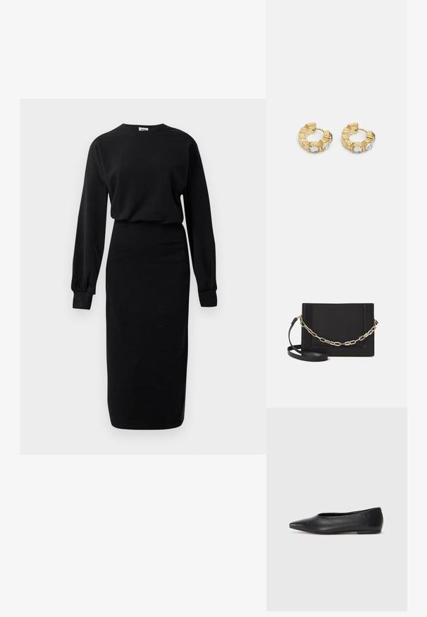 Musta pitkähihaisessa mekossa on pyöreä pääntie ja tiukka midimittainen hame, jossa on laskostetut hihansuut ja rento yläosa.; Musta nahkainen ballerinatyyppinen kenkä, terävä kärki, minimalinen muotoilu, sileä pinta, matala korko, ei näkyvää metalliosaa tai koristeita.; Musta nahkainen olkalaukku, jossa on sileä pinta, suorakulmainen muoto ja metalliketju yksityiskohtana edessä. Mukana säädettävä hihna.; Kultaiset ympyräkorvakorut, joissa on tekstiurakuviointi ja kolme kirkasta kristallikoristetta yhdellä puolella, tarjoavat modernin geometrisen estetiikan.