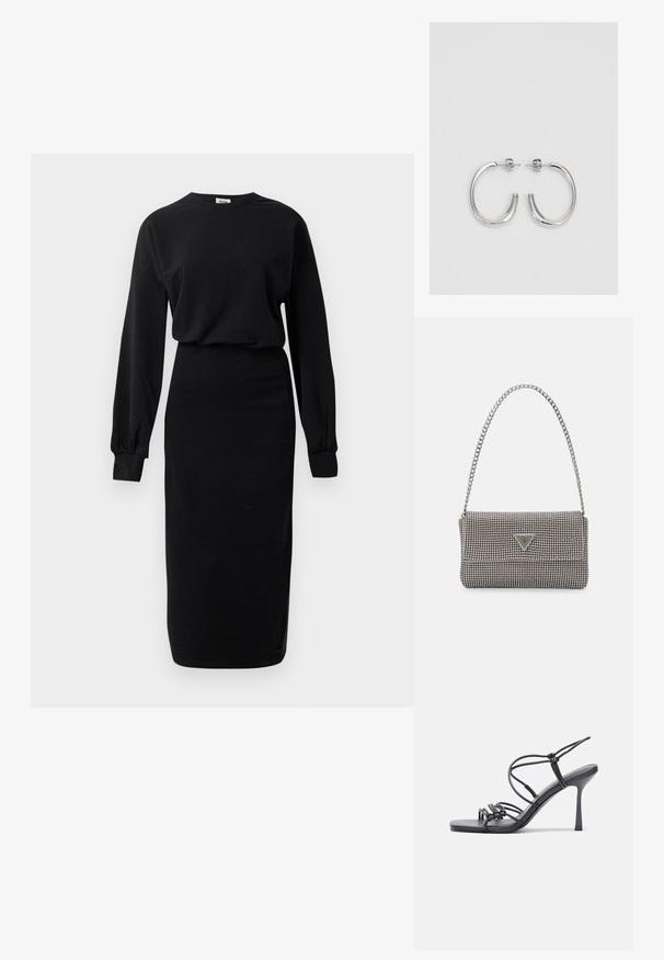 Schwarzes langärmliges Kleid mit Rundhalsausschnitt und figurbetontem Midilängenrock, der geraffte Bündchen und einen lockeren oberen Teil hat.; Schwarze, hochhackige Sandalen mit dünnen Riemen und einem geknoteten Design, einer glatten, rechteckigen Zehenpartie und einem eleganten Stiletto-Absatz.; Hellegraue metallische Handtasche mit einer Kettenriemen, verziert mit kleinen kreisförmigen metallic Nieten und einem dreieckigen Markenlogo.; Silberne Creolen mit einer glatten, glänzenden Oberfläche. Abgerundete Form, leichtes Design, mit einer Steckverschluss.