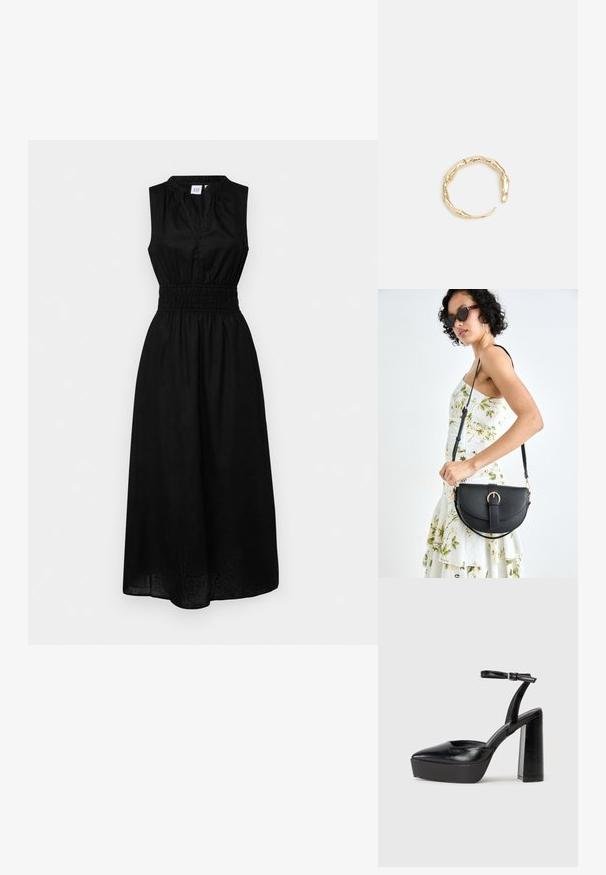 GAP HALTER - Robe de jour - black; Escarpins noirs à plateforme avec un bout pointu et une sangle réglable à la cheville. Conçus en cuir lisse, avec un large talon bloc.; Sac à main en cuir noir avec une forme courbée, bandoulière amovible et des accessoires en or. Le sac est doté d'un rabat avec un détail de boucle.; Bague en or ornée d'un design organique et torsadé, avec une texture lisse et des extrémités effilées, créant une apparence moderne et sculpturale.