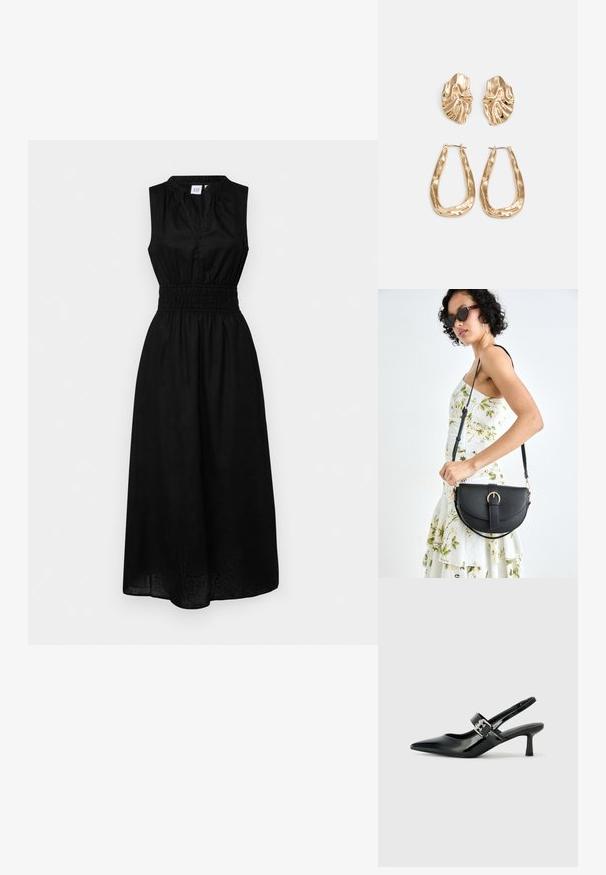 GAP HALTER - Robe de jour - black; Escarpins slingback en cuir verni noir avec un bout pointu et un petit talon bloc, mettant en avant un accent en boucle argentée sur la sangle.; Sac à main en cuir noir avec une forme courbée, bandoulière amovible et des accessoires en or. Le sac est doté d'un rabat avec un détail de boucle.; Boucles d'oreilles dorées présentant des formes texturées et ondulées. Comprend des clips sculpturaux et un design de créoles ouvertes avec une finition martelée.